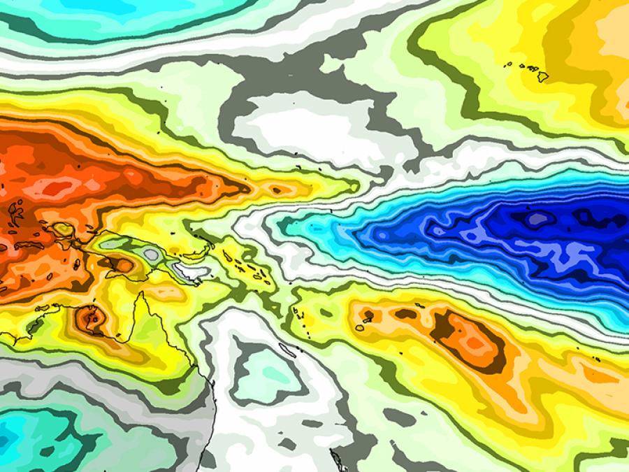 Top-of-atmosphere outgoing longwave radiative flux anomaly for December-February 1982-83. Cooler colors in this image indicate lower values of the longwave radiative flux than normal, and hence more and higher clouds. Warmer colors indicate fewer clouds than average. 