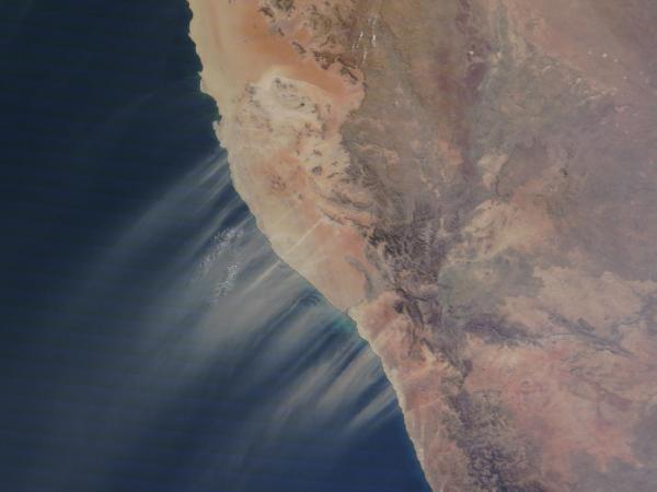 True color corrected reflectance image of dust blowing off the coast of Namibia and South Africa on June 27, 2022