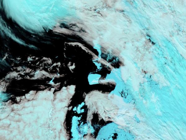 False-color (Bands 7-2-1) corrected reflectance image from the Moderate Resolution Imaging Spectroradiometer (MODIS) instrument aboard NASA's Terra satellite showing iceberg A23a in the Southern Ocean, Antarctica on November 15, 2023