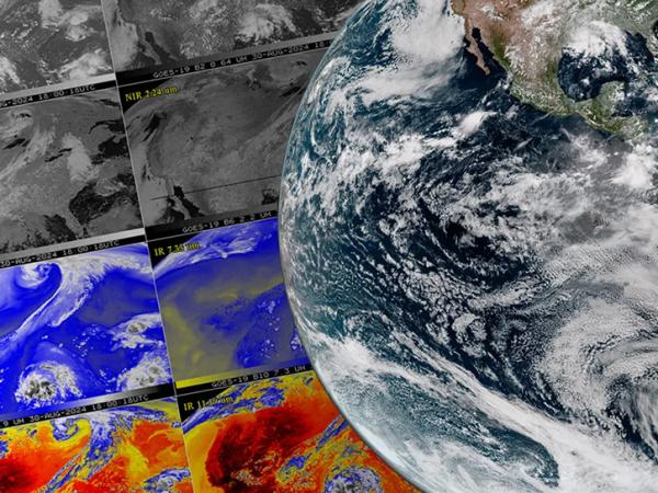 image collage of GOES radar data with earth in foreground