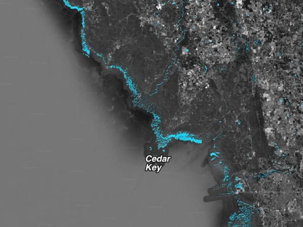 Differencing OPERA DSWx images from September 14, 2024 (before the storm) and September 26, 2024 (storm) reveals an increase in water due to the storm surge (in light blue) over Cedar Key, Florida