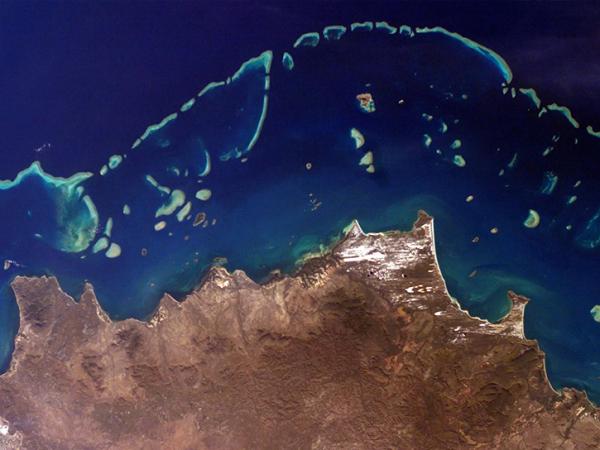 view of a coral reef from space