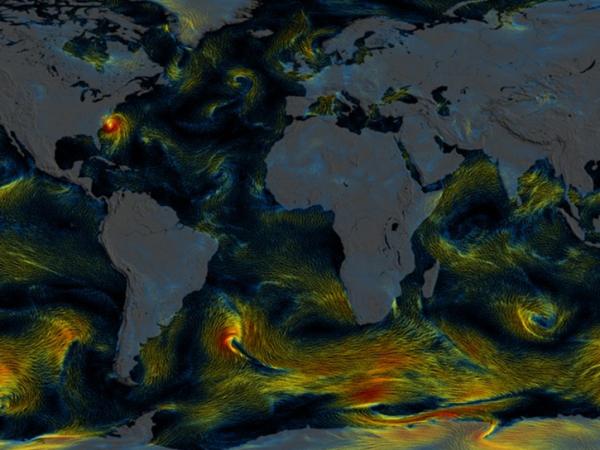 Global surface wind vector flow lines colored by wind speed from June 1, 2011 to October 31, 2011.