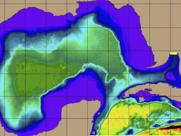 Bathymetry used in the 1/25° nested Gulf of Mexico simulation. The yellow lines indicate the locations of the open boundaries that are updated from a 1/12° Atlantic HYCOM simulation.