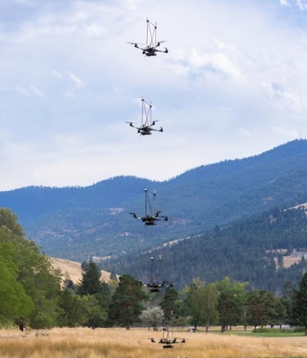 NASA Alta X quadcopter taking off during one of eight flights it performed for the 2024 FireSense uncrewed aerial system (UAS) technology demonstration in Missoula, Montana.