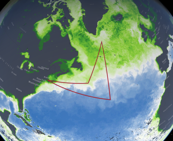 Image of a flight path from the NAAMES campaign with the green highlighting plankton blooms