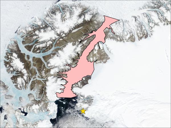 Satellite imagery over the Nares Strait with the Nares Strait colored in to highlight the ARCSIX study area. The Pitiffuk airbase is labeled with a star