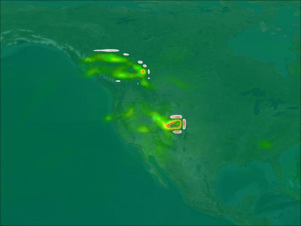 Imagery of backtrajectory data from the WNA FLEXPART campaign. The color ramp is an orange to green.