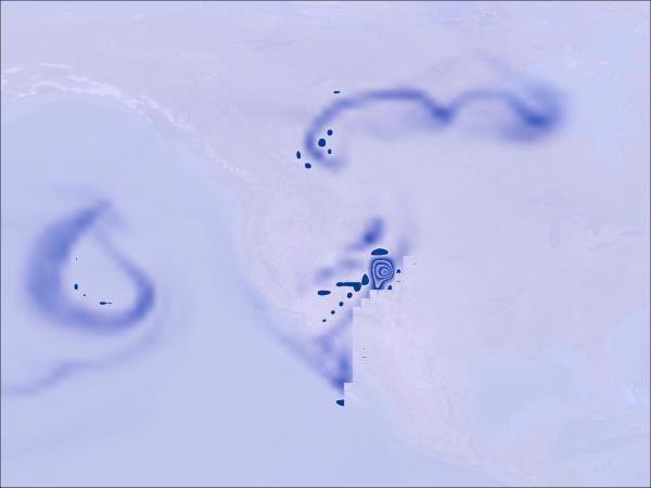 Imagery of baktrajectory data from the WNA FLEXPART campaign. the color ramp is a purple-to-blue.