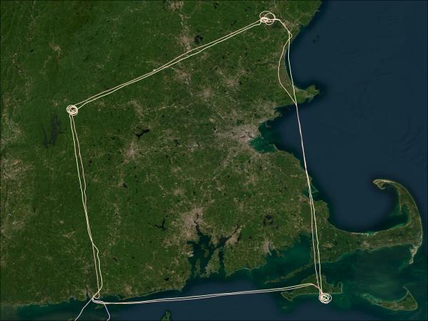 Image of flight tracks for the devote campaign on a 2d map. The tracks make the shape of a square with spirals in each corner showing vertical column measurements.