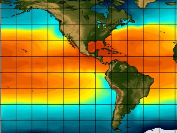 Satellite image from the PEM-Tropics campaign with data highlighted in the Atlantic and Pacific Ocean between North and South America