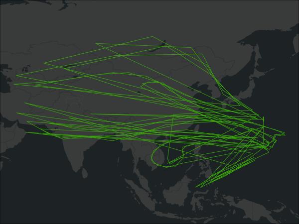 Trajectory data from the PEM West campaign. There are green tracks all across Asia, originating from Japan.