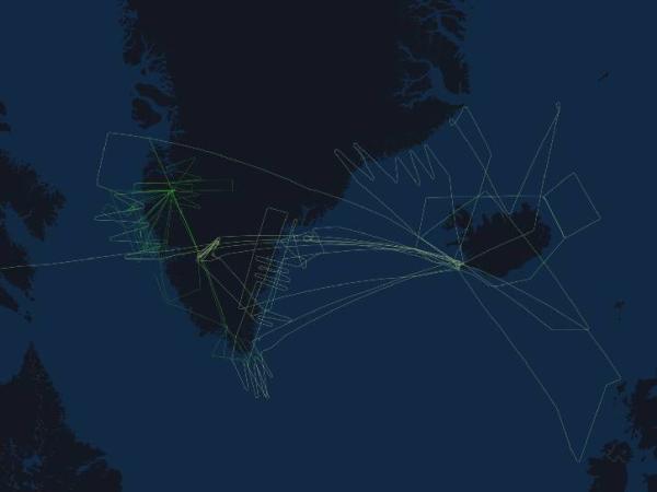 image of all flight paths for Polar Winds I over Greenland and the related area