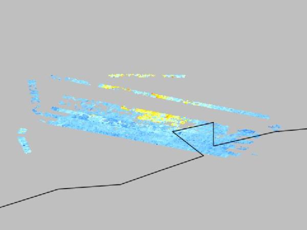 Image of HCHO data plotted for the TRACER-AQ campaign. The data is dark blue-to-yellow in color with a grey background