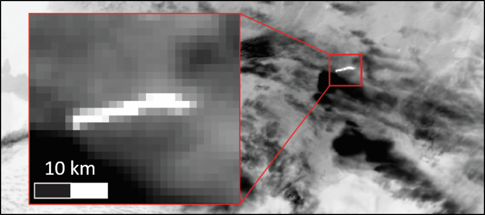 This MODIS one-kilometer calibrated radiance image shows the eruption of Iceland’s Holohraun volcano in September 2014