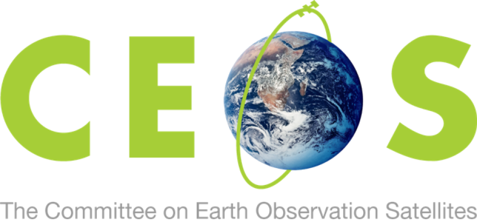 CEOS in green with Earth for the letter O; acronym spelled out below in gray.