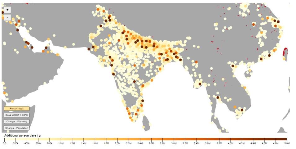 Graphic showing the number of days per year where a threshold is exceeded, multiplied by the urban population exposure. 