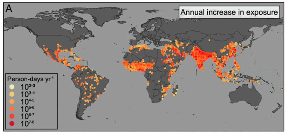Annual municipality-level increases in the rate of urban population exposure to extreme heat, 1983–2016. 