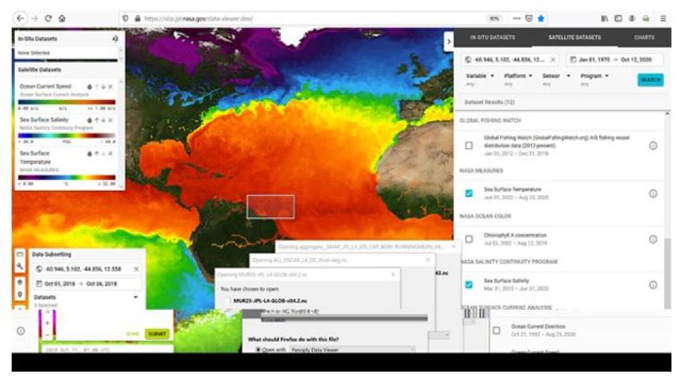 Image of Atlantic Ocean with colors indicating sea surface temperature.