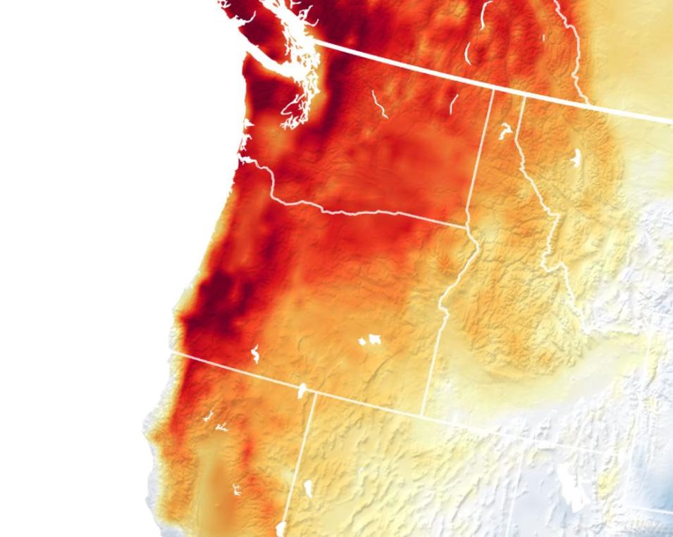 This map shows air temperature anomalies across the continental United States and Canada on June 27, 2021.