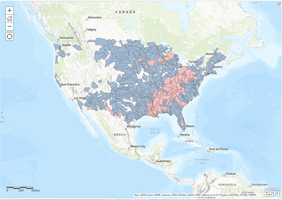 Map of U.S. showing watersheds colored in red or gray indicating ongoing alerts.