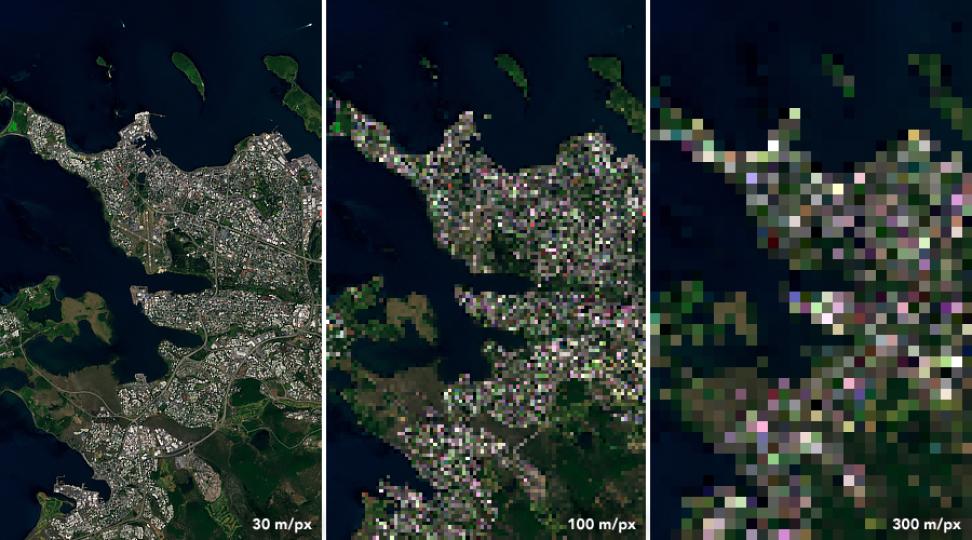 3 Landsat satellite images at 30m, 100m and 300m resolution