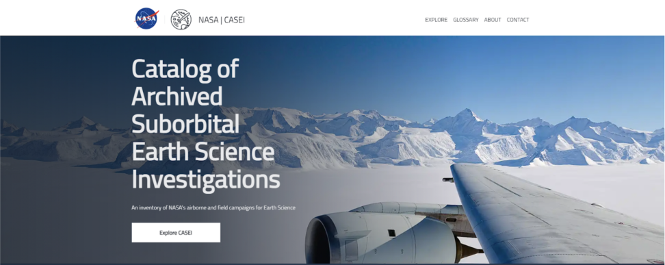 Image of aircraft wing flying over ice fields with words CASEI down left side.