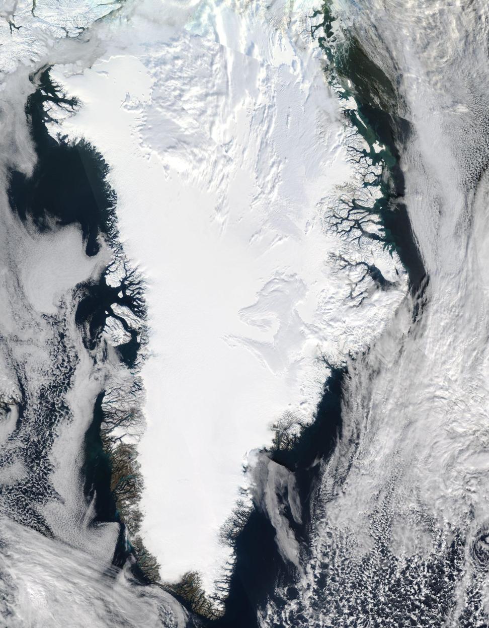 Satellite image of Greenland covered in ice/snow.