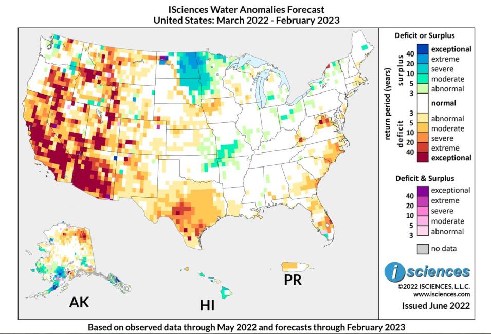An ISciences water anomalies forecast map for the United States for the time period of March 2022 to February 2023. period of  