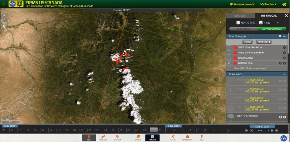 This screenshot from FIRMS US/Canada shows the fires/hotspots imagery layer from the Terra satellites MODIS instrument along with the orbital path from Landsat 8, as indicated by the orange line. 