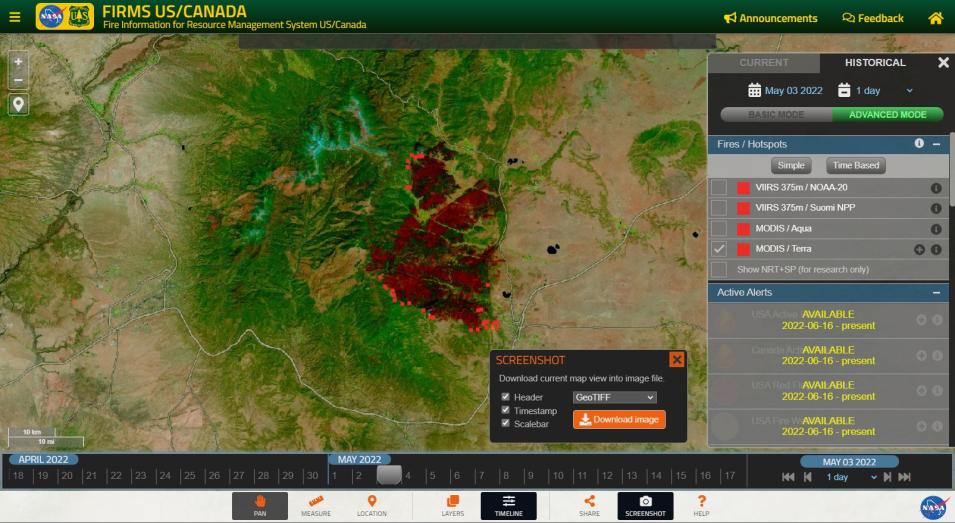 This screenshot from FIRMS US/Canada shows the Screenshot Tool in Use