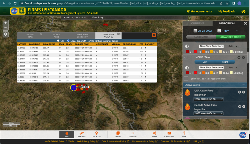 Screen capture of the Moose Fire in FIRMS showing URT data