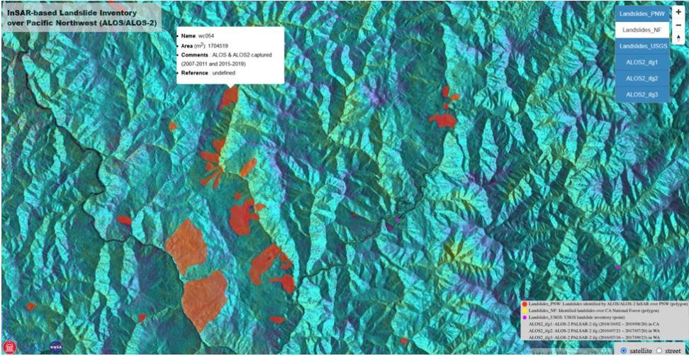 An interferogram showing the location of landslides in the PNW