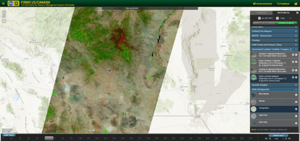 FIRMS US/Canada Fire Map Interface showing Landsat imagery swath and orbit track