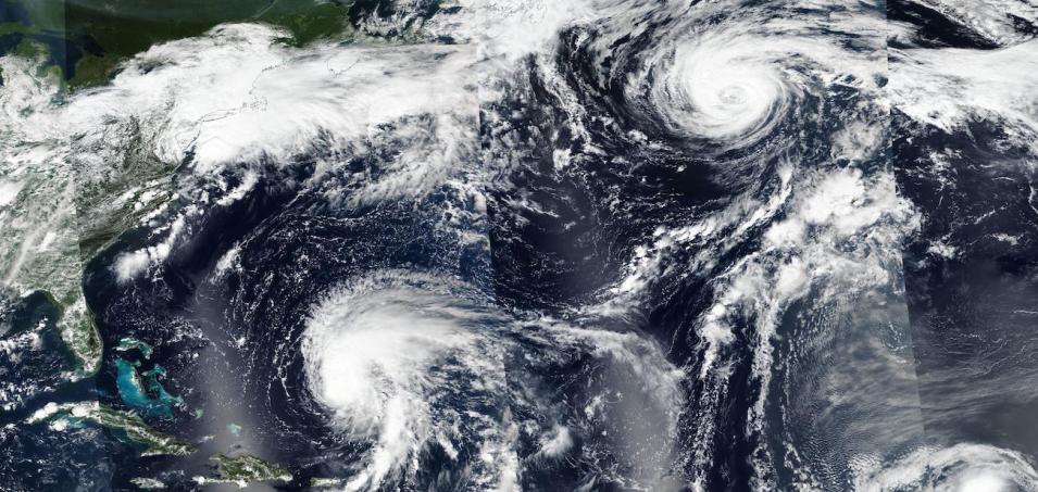 True color corrected reflectance image of Tropical Storms Earl and Danielle on 6 September 2022 from the VIIRS instrument aboard the joint NASA/NOAA Suomi NPP satellite