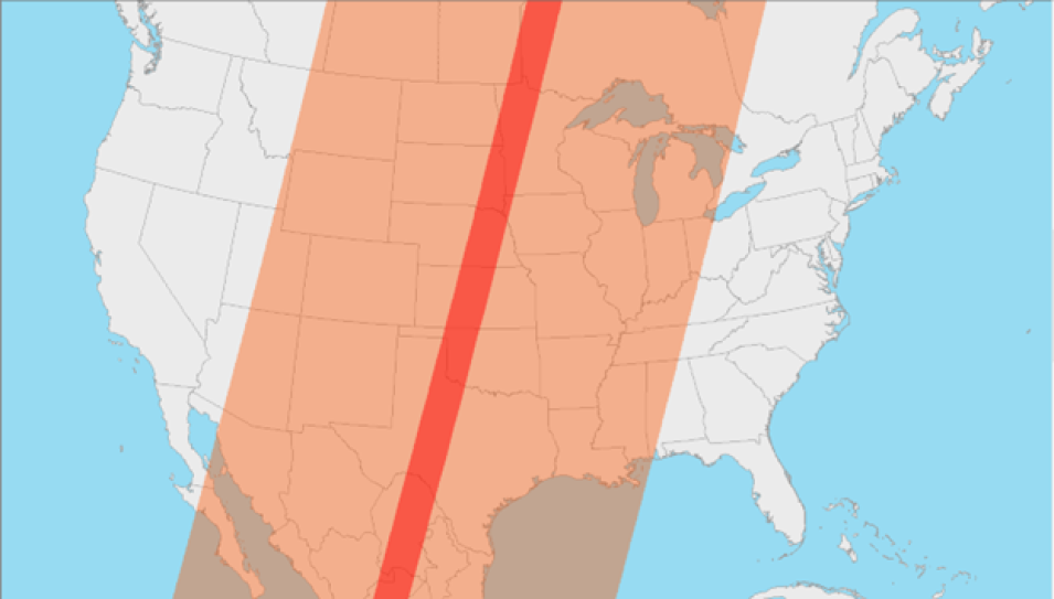 This graphic provides an example of a 185 km Landsat 9 OLI swath (in red) compared to a 2,330 km Terra MODIS swath (in orange). 