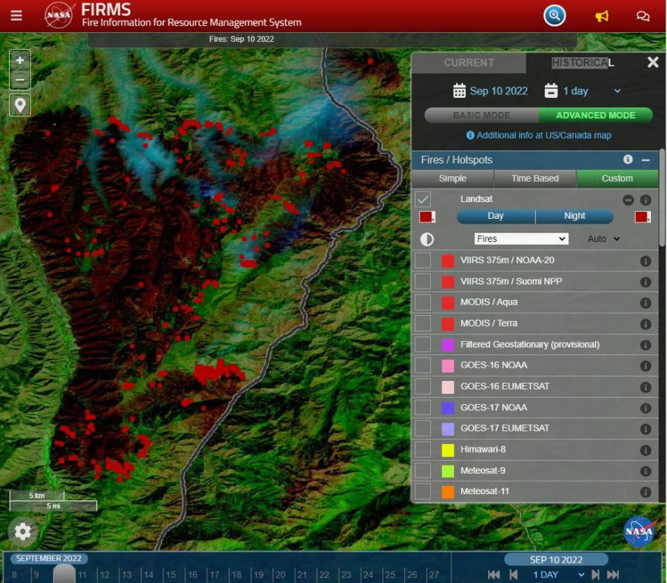 This screen capture from FIRMS shows Landsat active fire imagery of the Double Creek Fire in Oregon on September 10, 2022. 