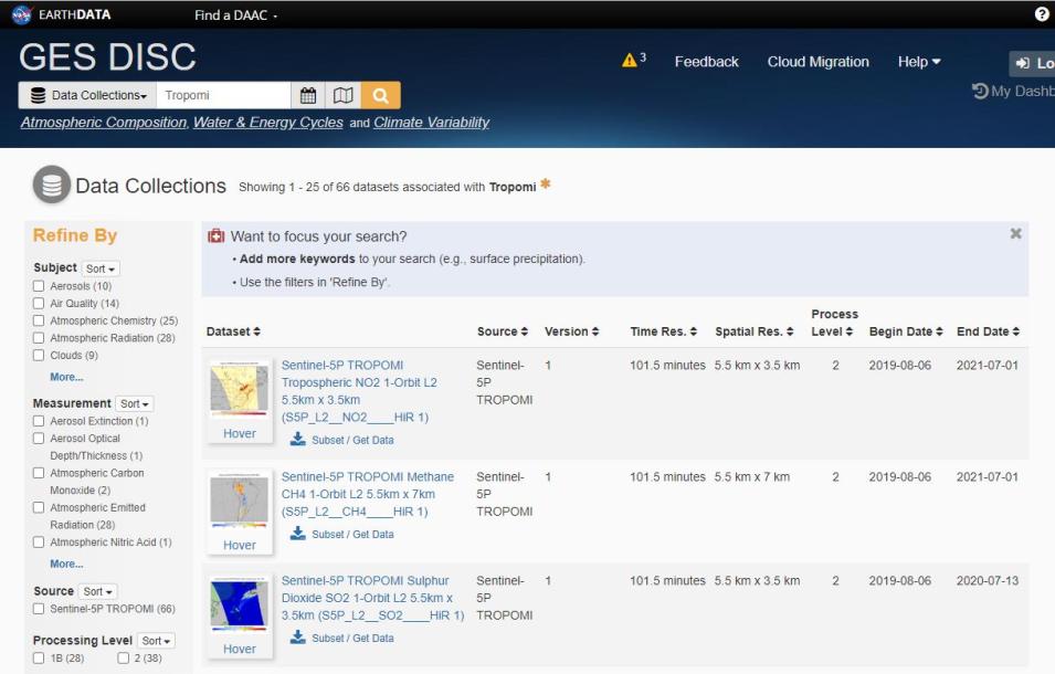 A screenshot of the GES DISC website showing the availability of TROPOMI datasets