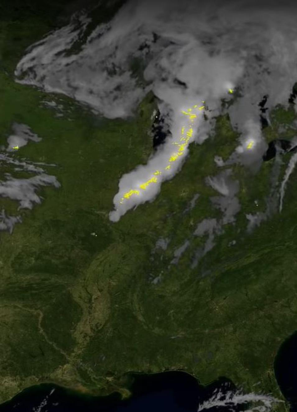 This image from the GOES-17 satellite's Geostationary Lightning Mapper aboard shows lightning associated with a round of severe storms over Wisconsin and Illinois on May 10, 2018. 