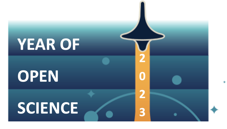 Green background with words Year of Open Science in white on left; icon of a launching rocket on right with 2023 below the rocket exhaust