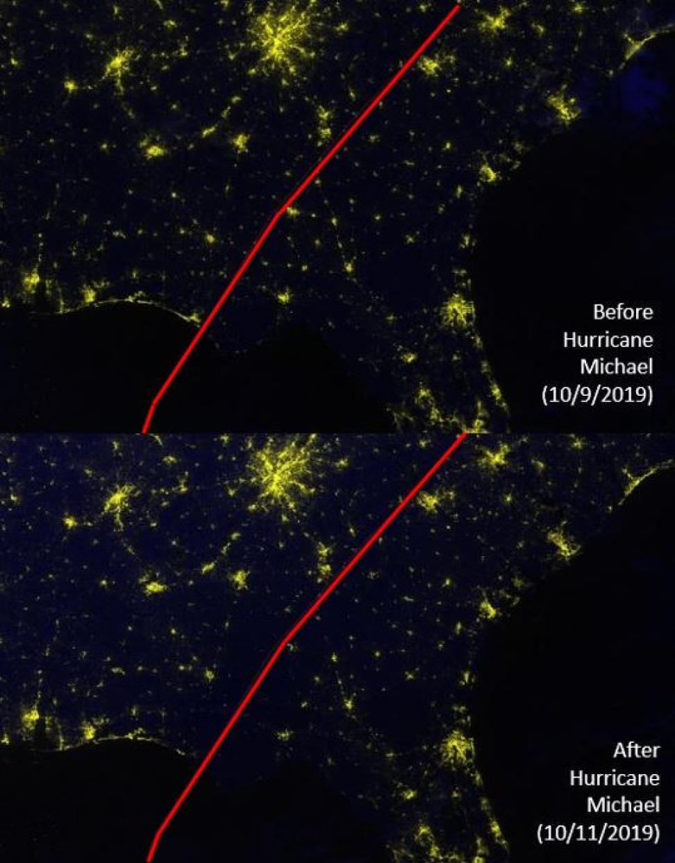 These before-and-after images show Hurricane Michael's impact on the Gulf Coast of Florida between October 9th and 11th, 2019. If you follow along the hurricane’s northeasterly track, you can see that many nighttime lights disappeared after the storm (on 10/11). 
