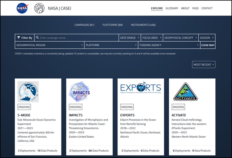Screenshot of filters available for search on CASEI and possible search results.