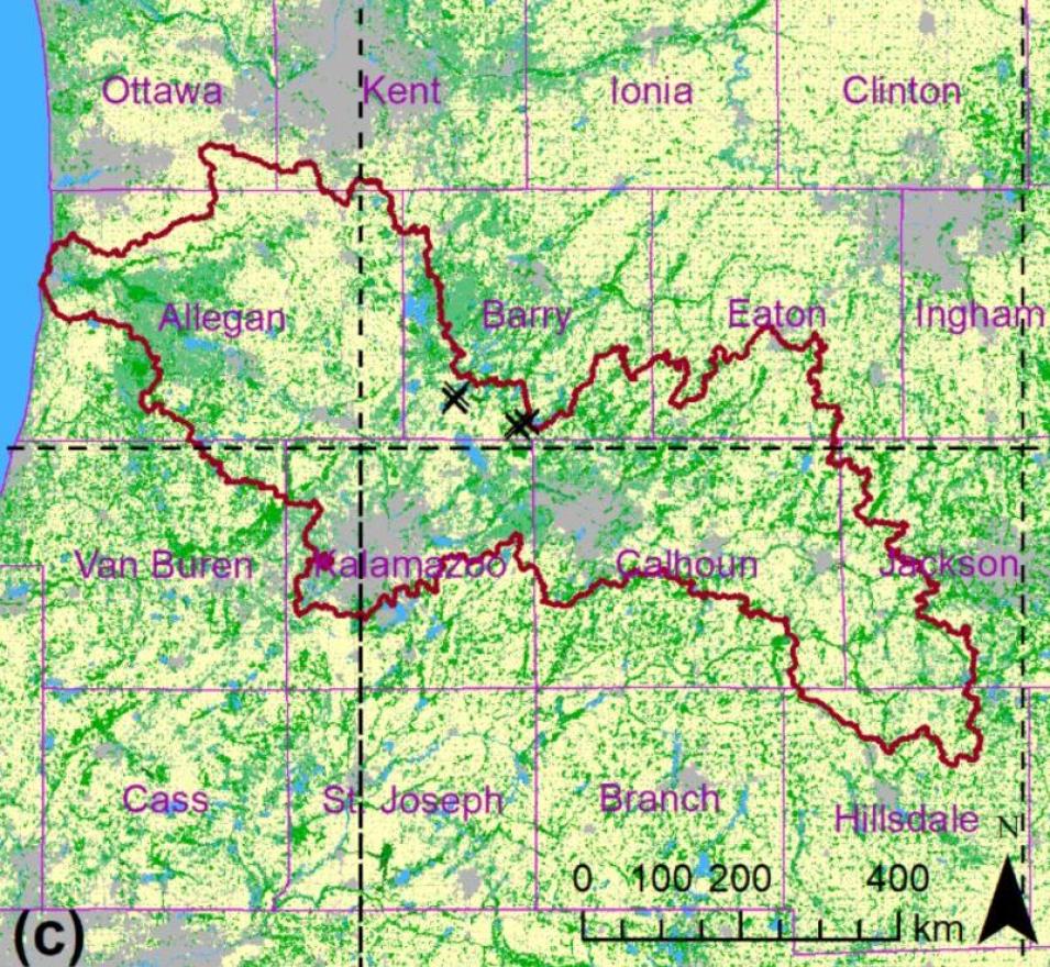 This map of the Kalamazoo Watershed shows counties in purple with a simplified National Land Cover Database 2011 land cover map as background: gray is developed, yellow is cultivated, light green is forest, darker green is wetland, blue is water. Flux tower locations in southern Barry County are marked with a black “x”. 