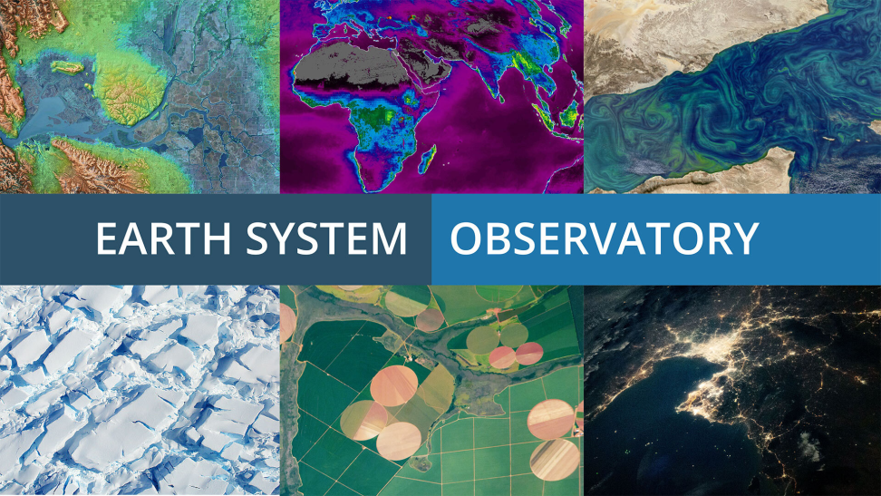 6 panel image showing satellite images of Earth; Earth System Observatory across middle.
