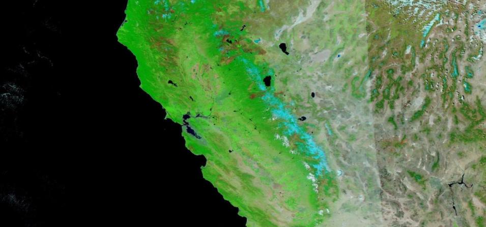 False-color image of lack of snow in California on 5 April 2022. Image acquired by the VIIRS instrument aboard the NOAA-20 satellite