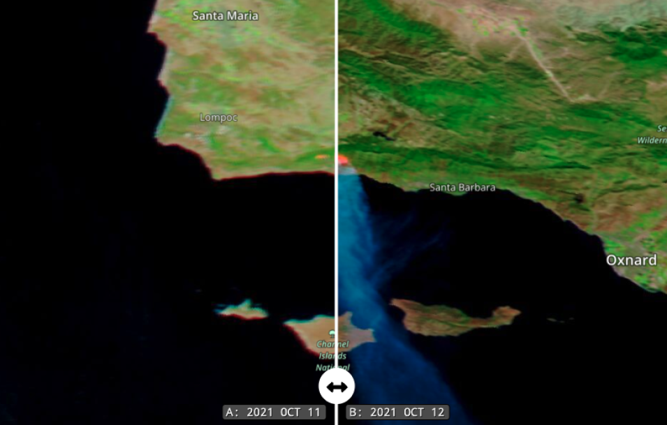 MODIS data image of Alisal Fire in California comparing before and during the fire. 