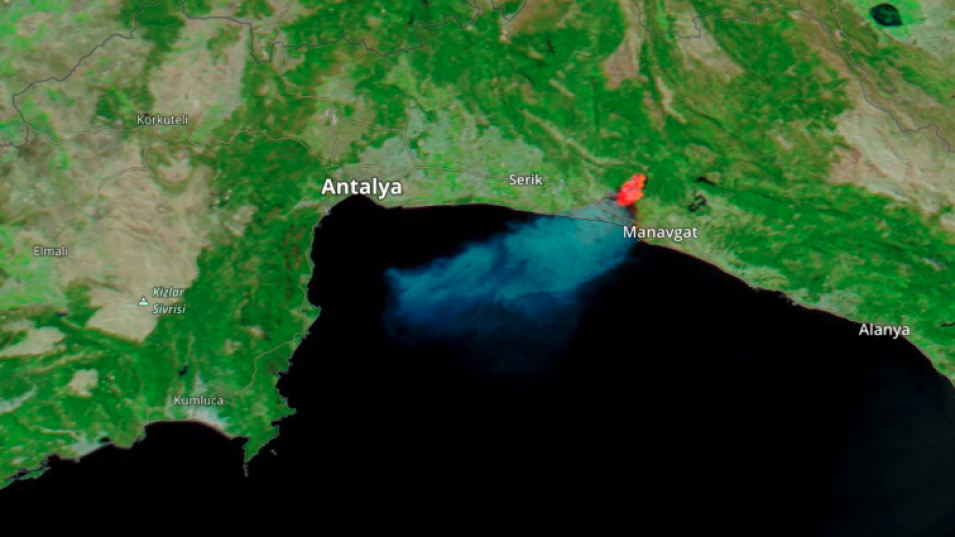MODIS data image of fire anomalies in Antalya, Turkey, July - August, 2021.