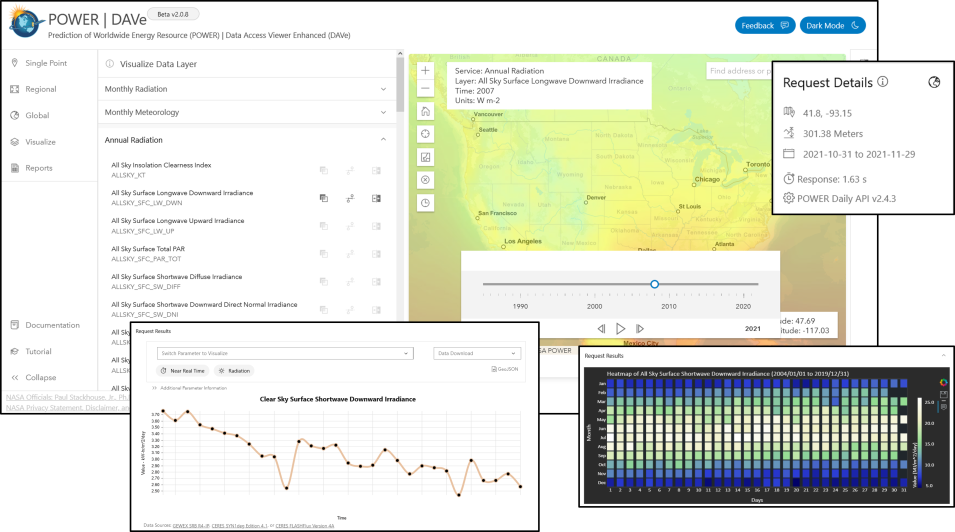 collage of four images showing various aspects of the POWER Data Access Viewer interfaces with a white background