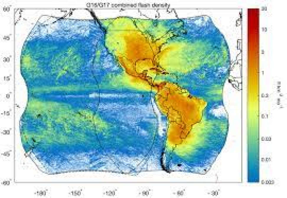 This map, which shows a large portion of the Pacific Ocean and North and South America, shows the density of lightning in the atmosphere.  Red areas indicate high lightning density, blue areas represent low lightning density. The data from the Geostationary Lighting Mapper instruments on the GOES East and West satellites.