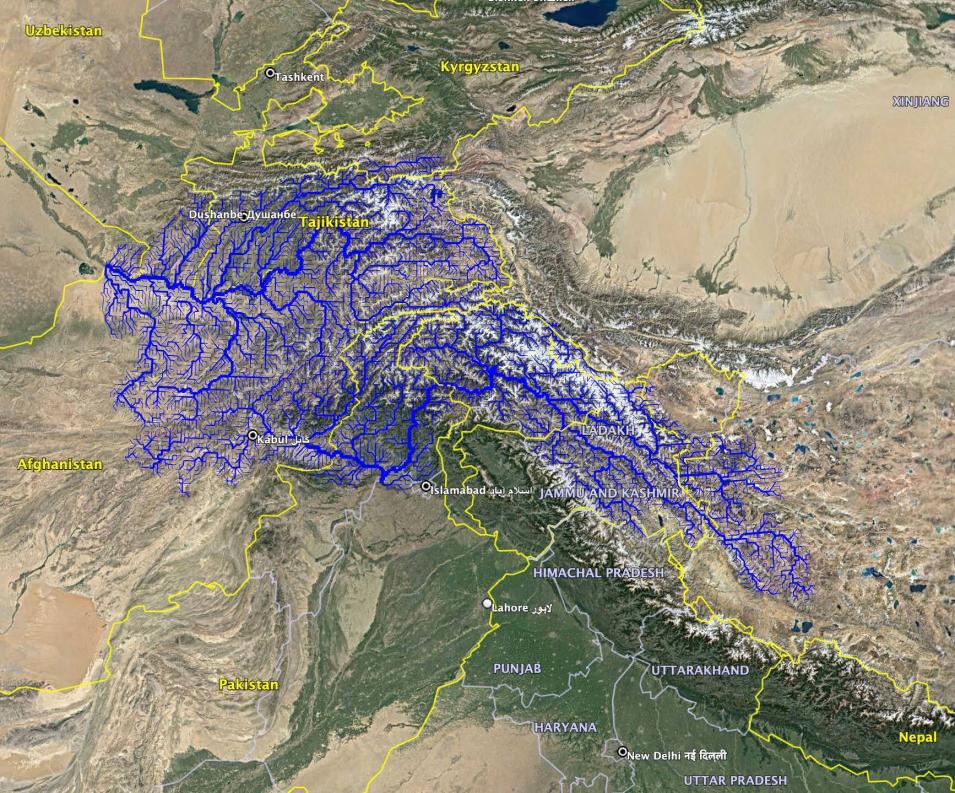 This image shows the geographical coverage for the High Mountain Asia CMIP6 Monthly and Yearly Water Balance Projections (2016–2099), which includes regions of Afghanistan, Tajikistan, Kyrgyzstan, and Pakistan (primarily the headwaters of the Amu Darya and Indus River basins). The river network is shown in blue.